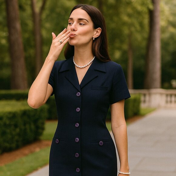 Vintage Button Front Midi Shirt Dress Size 8 Navy Blue Old Money Classic Preppy - Picture 1 of 11